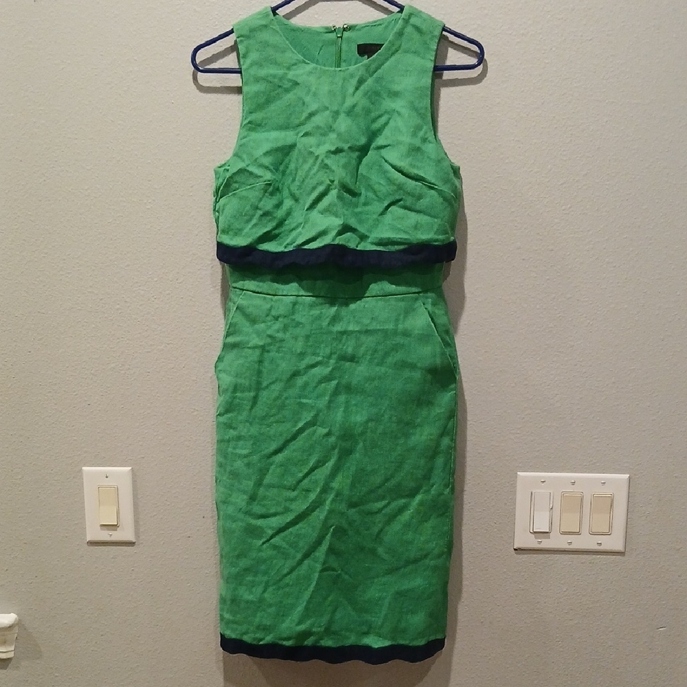 J. CREW Kelly Green Navy Trim Zip Back Linen 1960s Sleeveless Dress Size 0